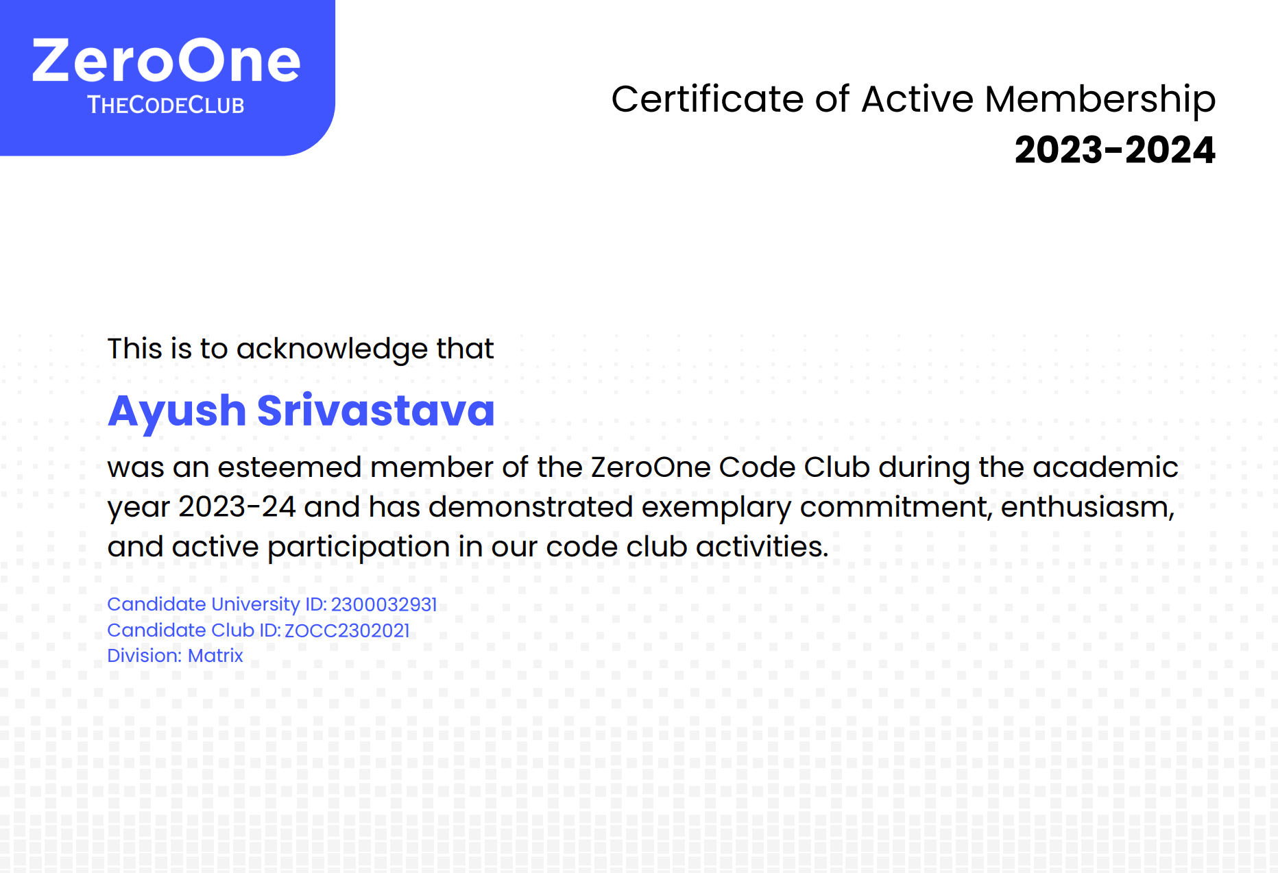 Active Member Certificate